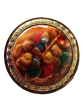 Vintage Reverse Carved Lucite Brooch Gold Tone Floral Pin 1950s New Old Stock